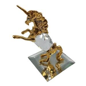 Rare Vintage Polished Gold Tone Crystal Center Unicorn Figurine Glass Base